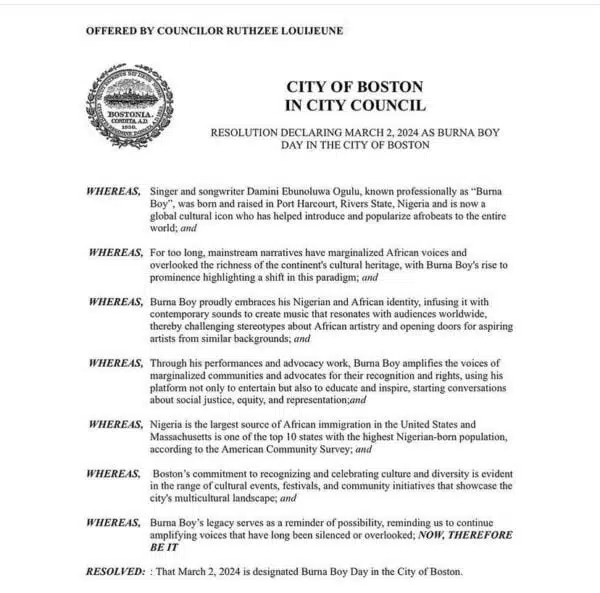 Official Statement Burna boy day in Boston City